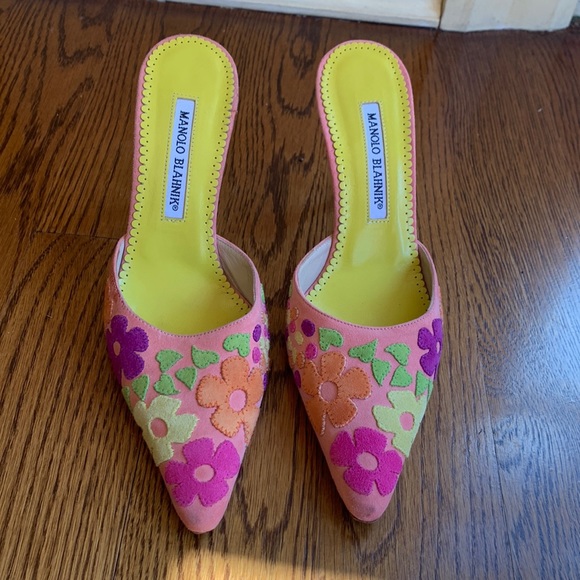 Manolo Blahnik Shoes - Manolo Blahnik step ins. Pink floral. Sz 6 1/2. Amazing !